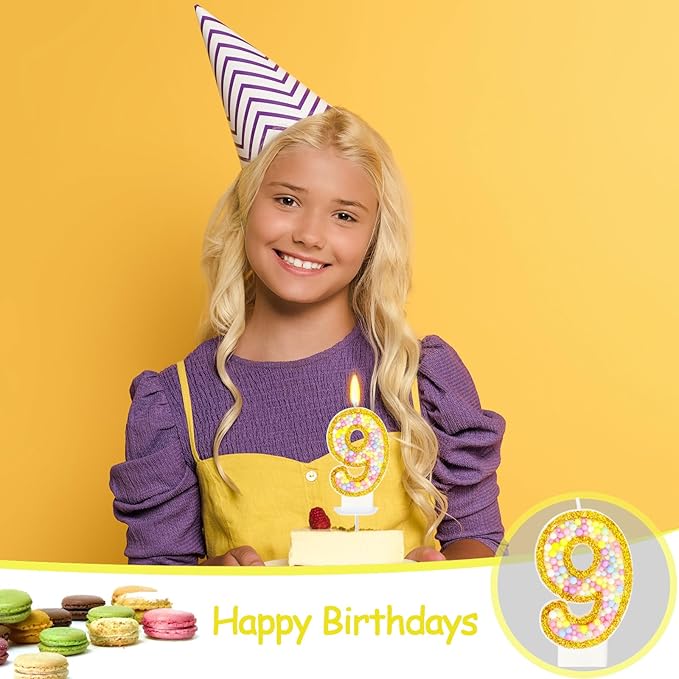 9th Birthday Candle for Cake, Colorful Macaron Numeral Candles for Girls/Boys, Birthday Party Cake Decorations, Golden Cake Topper for Birthday Party Supplies (Number 9)