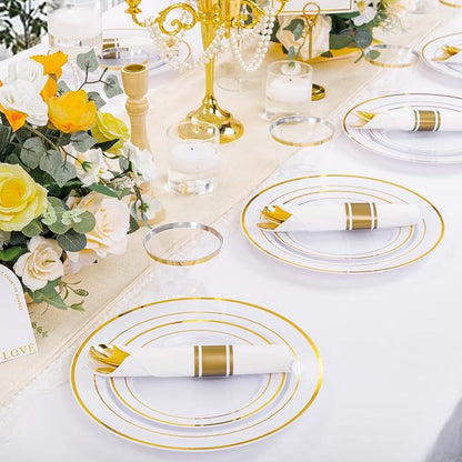 DaYammi 210PCS Gold Plastic Dinnerware Set Christmas Plates Disposable Disposable Plates for Party, Include: 30 Dinner Plates, 30 Dessert Plates, 30 Pre Rolled Napkins with Gold Silverware, 30 Cups