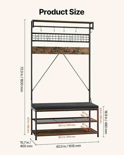 VEVOR Hall Tree with Bench and Shoe Storage, 2 Tier Entryway Bench with Coat Rack, Shoe Rack Storage Organizer with Soft Cushion, Hooks and Hanging Rod for Entryway, Hallway