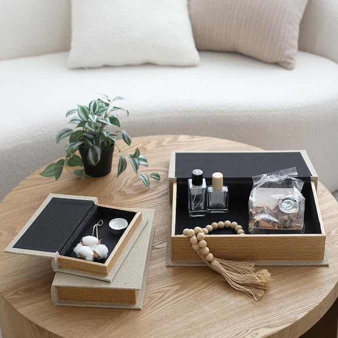 Modern Linen and Wood Decorative Faux Book Boxes Set of 3-13",10",8" - Linen
