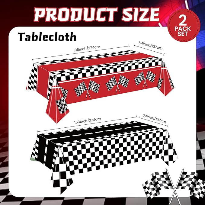 2 Packs Checkered Racing Car Tablecloth Plastic 54 X 108Inch, Car Birthday Party Decorations Table Cloth Disposable Racetrack Table Cover for Kids Boy Car Theme Birthday Party Supplies (Racing Car)