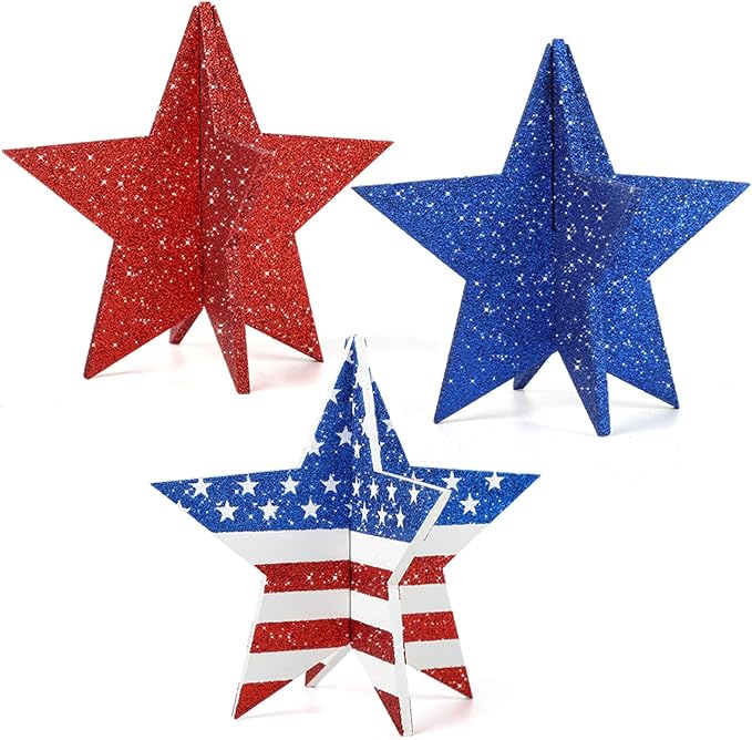 COCHIE 6 Inch Labor Day Decorations Wooden Stars Set, 3D Glitter Star Memorial Day Tiered Tray Decor, 4th of July Red White Blue Patriotic Decoration for Home Table Desk Door Shelf (Flag Style)