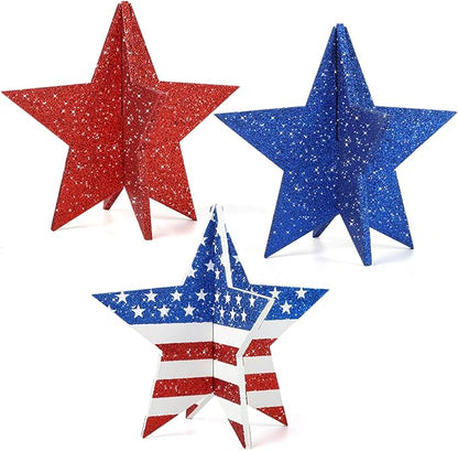 COCHIE 6 Inch Labor Day Decorations Wooden Stars Set, 3D Glitter Star Memorial Day Tiered Tray Decor, 4th of July Red White Blue Patriotic Decoration for Home Table Desk Door Shelf (Flag Style)