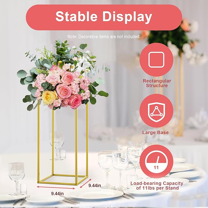10 Pcs Gold Flower Stands 23.6 Inch Tall, Metal Geometric Floral Display Racks for Wedding Table Centerpieces Decorations, Modern Rectangle Flower Column for Party Event Reception