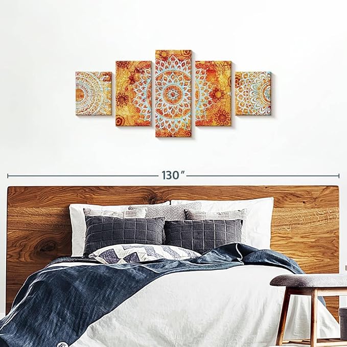 ElephantStock - Sun Like Mandala Symbols Wall Art - Horizontal Multi Panel Canvas - 5 Piece Living Room Wall Decor - Digital Art Elements Multi Piece Wall Art - Orange And Blue Decor - 74" x 34"