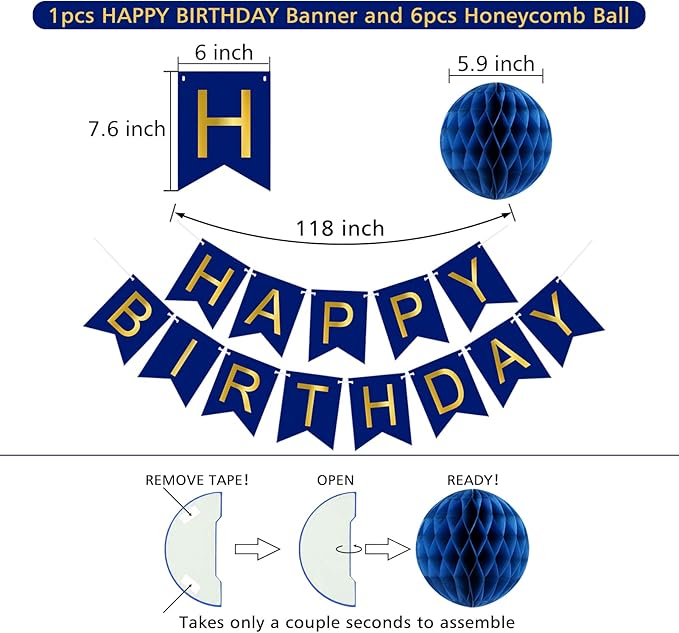 Navy Blue Birthday Decorations with Happy Birthday Banner, Paper Honeycomb Balls, Circle Garland and Hanging Swirl Decorations