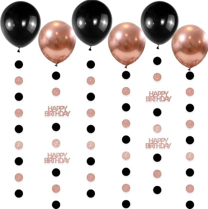 Rose Gold and Black Happy Birthday Decorations, 6PCS Glittery Circle Dots Garland and 6PCS Rose Gold/Black Balloons for Birthday Party Decor Balloon Tails