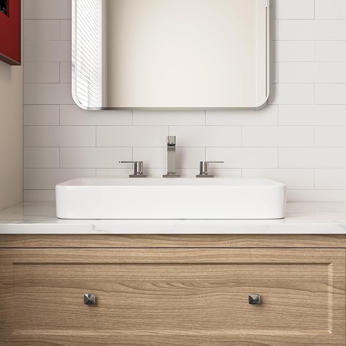 DeerValley 24x19 Inch Rectangular Drop-in Bathroom Sink, White Semi Recessed Vessel Sink with Overflow and Three Faucet Holes, Ceramic Vanity Basin, DV-1DS0121