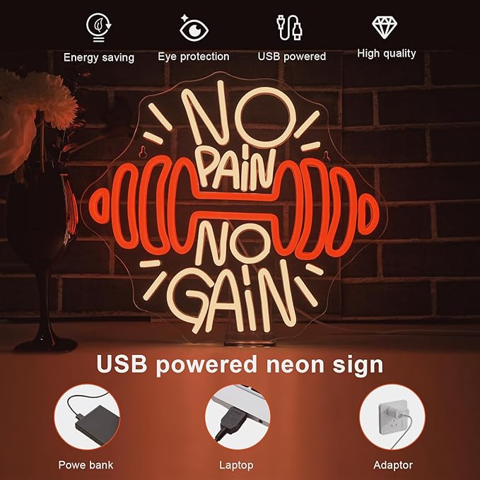 Lucunstar No Pain No Gain Neon Sign Dumbbell for Gym Decor Red Barbell Neon Open Sign for Business Neon Lights Fitness Club Sign Gym Fitness Studio Decoration