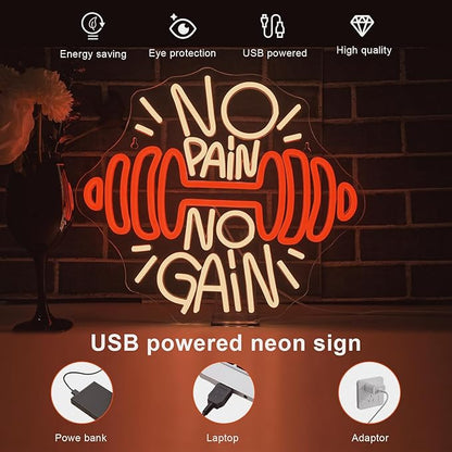 Lucunstar No Pain No Gain Neon Sign Dumbbell for Gym Decor Red Barbell Neon Open Sign for Business Neon Lights Fitness Club Sign Gym Fitness Studio Decoration