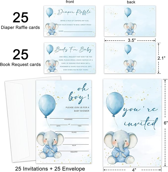 Blue Elephant Baby Shower Invitations for Boy, Boy Baby Shower Invites with Envelopes, Set of 25 Gender Reveal Invites Cards with Envelopes & Book Request Cards & Diaper Raffle Tickets -08