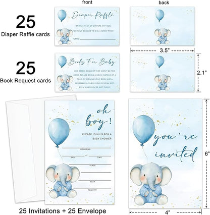Blue Elephant Baby Shower Invitations for Boy, Boy Baby Shower Invites with Envelopes, Set of 25 Gender Reveal Invites Cards with Envelopes & Book Request Cards & Diaper Raffle Tickets -08