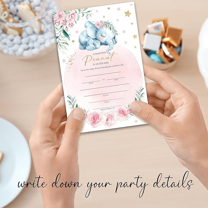 25 Pink Baby Shower Invitations - A Sweet Little Peanut Is On The Way - Cute Little Elephant And Pink Flowers Invites With Envelopes For Boy Girl, Gender Reveal, Baby Shower Favor And Decorations-A07