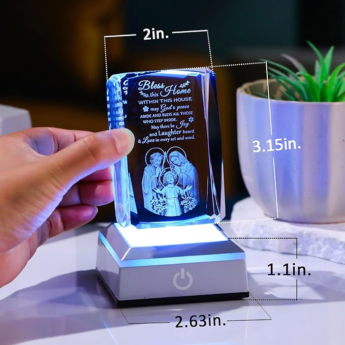 Movdyka House Warming Gifts New Home, Bless This Home Laser-Engraved Crystal Cube with Color-Changing LED Base - Spiritual Housewarming Gift for Christian Desk Decor