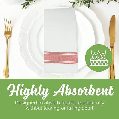 SimuLinen Farmhouse Bistro White & Red Stripe Dinner Napkins Cloth-Like Disposable Napkins Paper - Soft, Absorbent, Durable, Large (19"x17" - Box of 120)