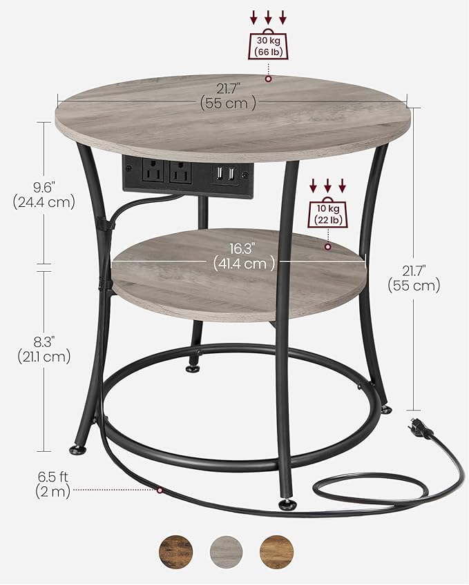 VASAGLE 21.7-Inch Round Side Table, 2-Tier End Table with Power Outlets, Nightstand with Steel Frame, Spacious Top, for Small Spaces, Living Room, Bedroom, Heather Greige and Ink Black ULET077L01