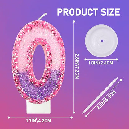 Birthday Number Candles for Cake, Pink Purple Glitter Number Candles for Cake Toppers, Ideal Birthday Parties Cake Decor, Wedding Anniversary and Other Celebrations (0 Candle)