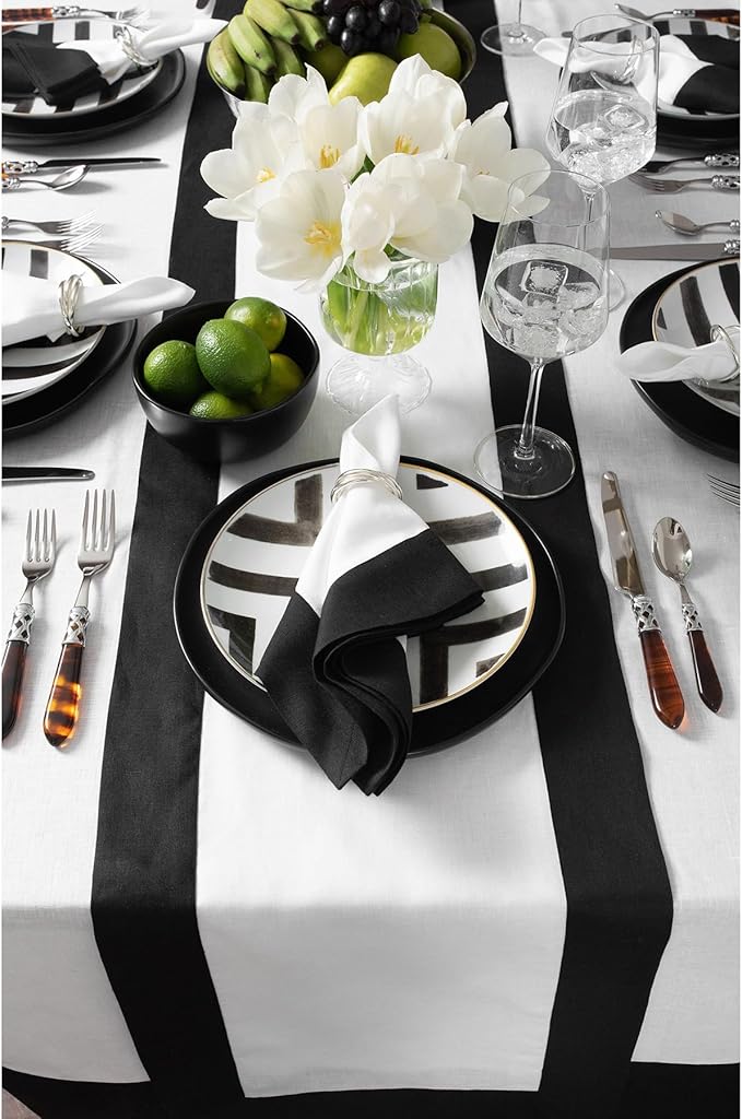 Solino Home Linen Table Runner 36 Inches - 100% Pure Linen Black and White Table Runner 14 x 36 Inch Ideal for Dresser and Coffee Tables - Fall, Autumn, Winter, Holiday - Contempo