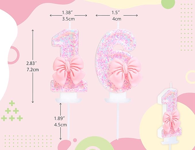 Number 16 Candle Pink Sequins and Bowtie 16th Cake Topper, 16 Birthday Candle for Girls Pastel Sweet Theme Birthday Party or Adults Milestone Age Decoration