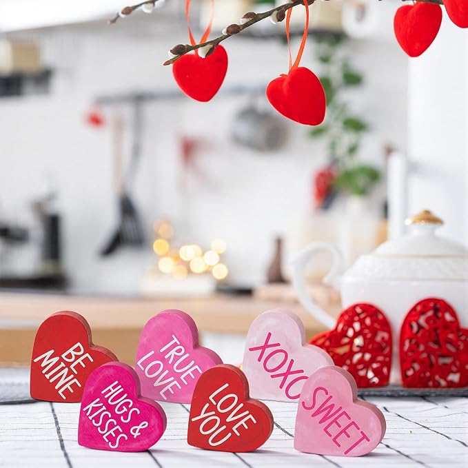 Smile Valentine's Day Heart - Shaped Wooden Block Decor, Be Mine XOXO Sweet & More Love Phrases, Valentine Indoor Decoration