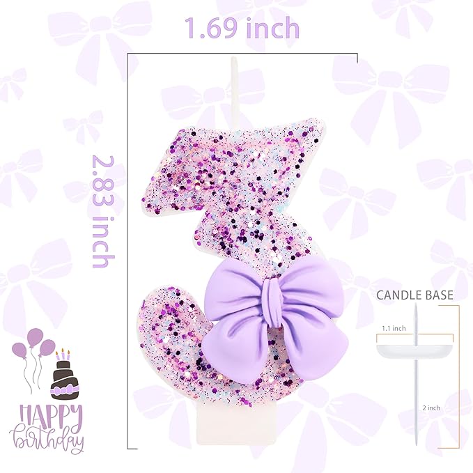 Birthday Candle for Cake, 3 Candle - Purple Glitter with Bowknot, 2.76 inch Cake Topper Decoration for 3 Years Old Birthday Party (Number 3)