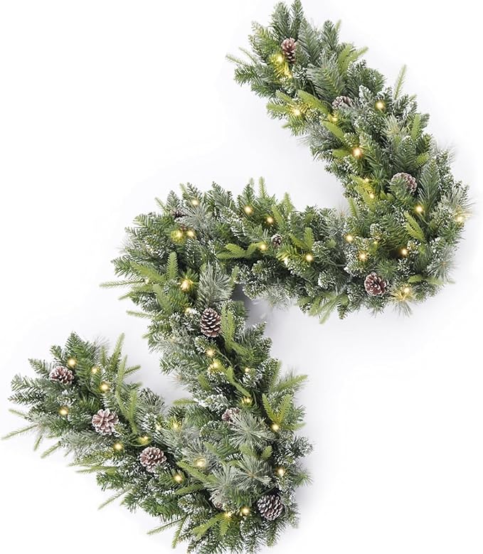 Christmas Garland Pre-lit 9 Ft with 50 Led Lights, Battery Operated Fireplace Stairs Mantle Door Indoor Outdoor, Decorated Pine Cone and Snow Style