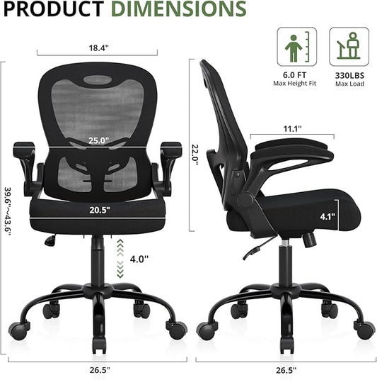 Office Chair 330 lbs Capacity, Ergonomic Breathable Mesh Desk Chair with Lumbar Support & Flip-Up Armrest, High Back Computer Chair for Home Office, Black