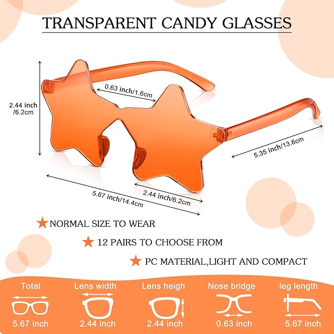 Cindeer 40 Pairs Rimless Star Shape Sunglasses Colorful Transparent Sunglasses Pentagram Glasses for Party