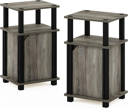 Furinno Brahms 3-Tier End Side Sofa Table/Nighstand with Door, 2-Pack, French Oak/Black