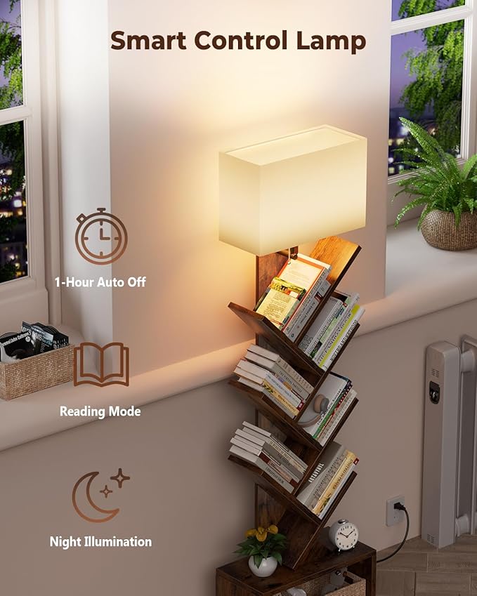 Evermagin 6 Tier Tree Bookshelf with Smart Light, Small Bookcase Tower with Remote Control, Tall Floor Standing Book Organizer for Living Room, Bedroom & Home Office, Rustic Brown