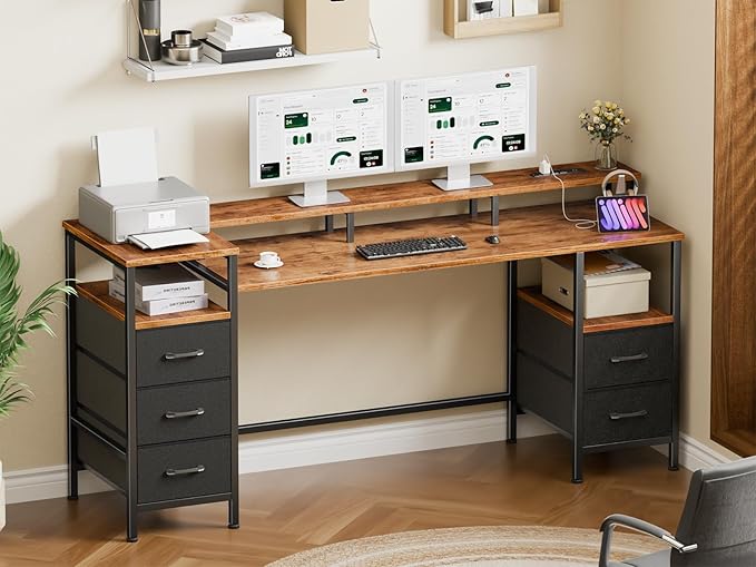 61 Inch Gaming Desk with Power Outlets and LED Lights, Reversible Computer Desk with 5 Fabric Storage Drawers, Home Office Desk with Monitor Stand for Working Writing Study, Rustic Brown