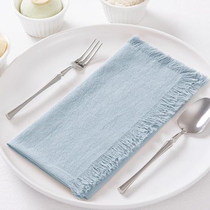 12 Pack Gray- Blue Cotton Linen Napkins with Fringe Christmas Cloth Napkins Set of 12 Boho Handmade Holiday Napkins Bulk for Wedding Baby Shower Xmas Dinner Table Parties, 17 x 17 Inches