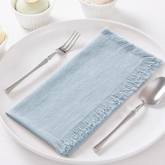 12 Pack Gray- Blue Cotton Linen Napkins with Fringe Christmas Cloth Napkins Set of 12 Boho Handmade Holiday Napkins Bulk for Wedding Baby Shower Xmas Dinner Table Parties, 17 x 17 Inches