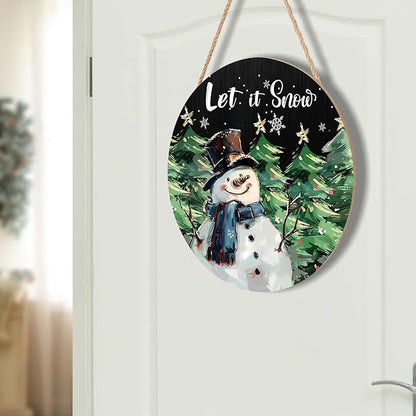 Winter Snowman Sign for Front Door Decor Christmas Snowman Wood Door Hanger for Outdoor Outside Porch Welcome Pine Trees Snowflake Wooden Wreath Winter Xmas Wall Hanging Decoration for Home 12"x12"