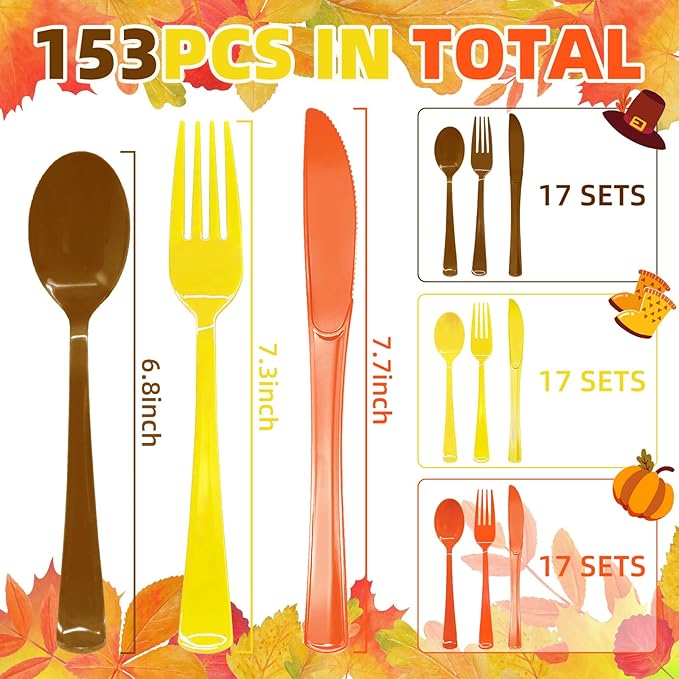 153 Pcs Thanksgiving Plastic Silverware Heavy Duty Disposable Cutlery Sets Includes Plastic Spoons Forks Knives for Thanksgiving Party Supplies (Yellow Orange Brown)