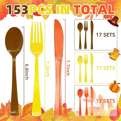 153 Pcs Thanksgiving Plastic Silverware Heavy Duty Disposable Cutlery Sets Includes Plastic Spoons Forks Knives for Thanksgiving Party Supplies (Yellow Orange Brown)