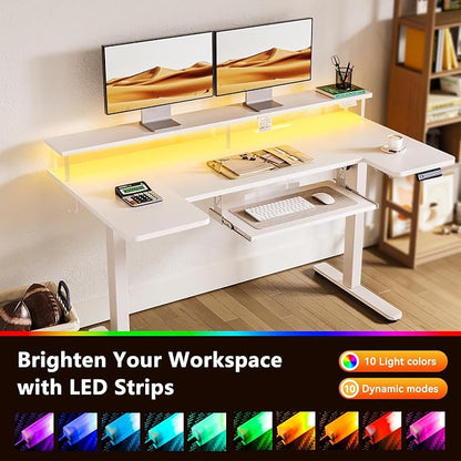 OffiGo U Shaped Electric Standing Desk with Keyboard Tray, 55 Inch Height Adjustable Desk with Power Outlets & LED Lights, Sit Stand Table with Monitor Stand for Home, Office, White