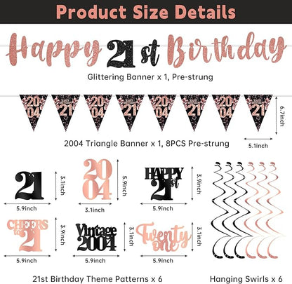 21st Birthday Decorations for Her, Black Rose Gold Happy 21st Birthday Banner Hanging Swirls Vintage 2004 Decorations Kit Cheers to 21 Party Supplies