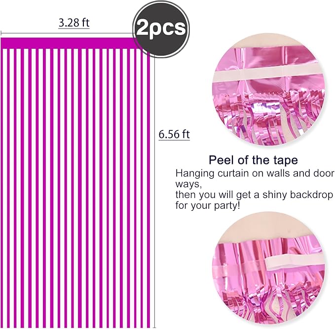 2 Pcs Hot Pink Metallic Tinsel Foil Fringe Curtains Backdrop, 3.28 ft x 6.56 ft Streamers for Birthday Wedding Engagement Bachelorette Party Photo Booth Bridal Shower Baby Shower Decorations Supplies