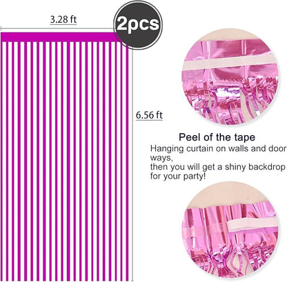 2 Pcs Hot Pink Metallic Tinsel Foil Fringe Curtains Backdrop, 3.28 ft x 6.56 ft Streamers for Birthday Wedding Engagement Bachelorette Party Photo Booth Bridal Shower Baby Shower Decorations Supplies