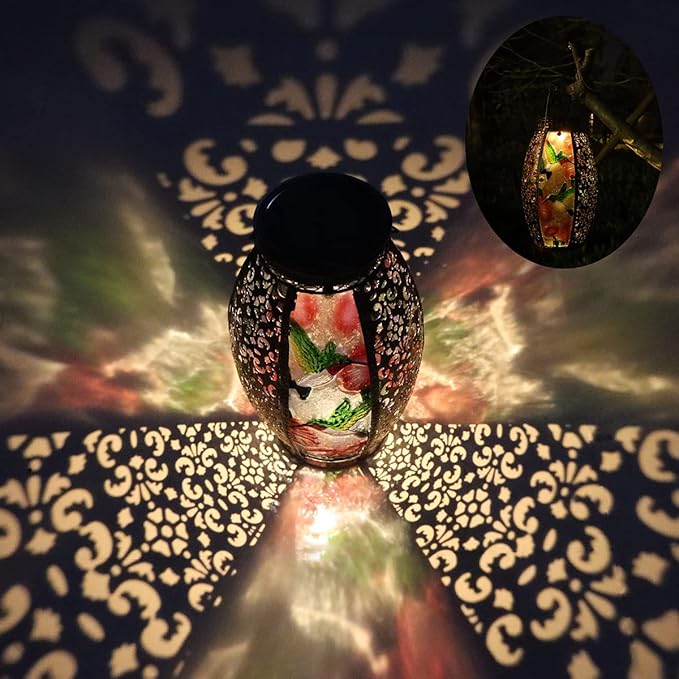 Solar Lanterns Outdoor Light Waterproof Hummingbird Garden Glass Decor Light Gifts for Women Mom Grandma Hanging Solar Decoration Lights Metal Outside for Yard, Backyard, Patio