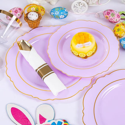 Liacere 350PCS Purple Plastic Plates - Disposable Light Purple and Gold Plates 50guest Baroque Plastic Dinnerware include 100Plates,50Pack Pre Rolled Napkins with Silverware 50Cups for Valentine’s Day