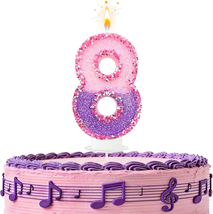 Birthday Number Candles for Cake, Pink Purple Glitter Number Candles for Cake Toppers, Ideal Birthday Parties Cake Decor, Wedding Anniversary and Other Celebrations (8 Candle)
