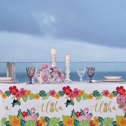 Tropical Luau Party Supplies Flamingo Disposable Tablecloth Plastic Waterproof Table Cover for Hawaiian Beach Party Decorations, 3 Pack 54X108inch