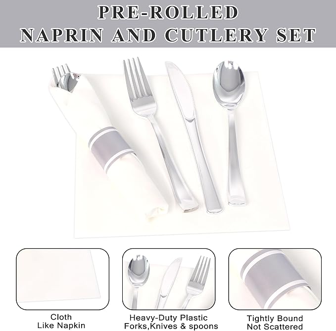 100 Pack Pre Rolled Silver Plastic Silverware Set,Wrapped Plastic Cutlery Set with Napkin Include 100 Forks,100 Spoons,100 Knives and 100 White Napkins for Party, Wedding,showers,Christmas