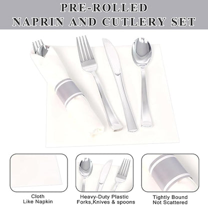 100 Pack Pre Rolled Silver Plastic Silverware Set,Wrapped Plastic Cutlery Set with Napkin Include 100 Forks,100 Spoons,100 Knives and 100 White Napkins for Party, Wedding,showers,Christmas