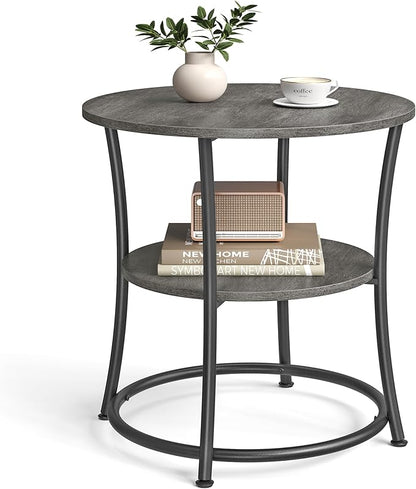 VASAGLE 21.7-Inch Round Side Table, 2-Tier End Table, Nightstand with Steel Frame, Spacious Top, for Small Spaces, Living Room, Bedroom, Misty Gray and Ink Black ULET056G68