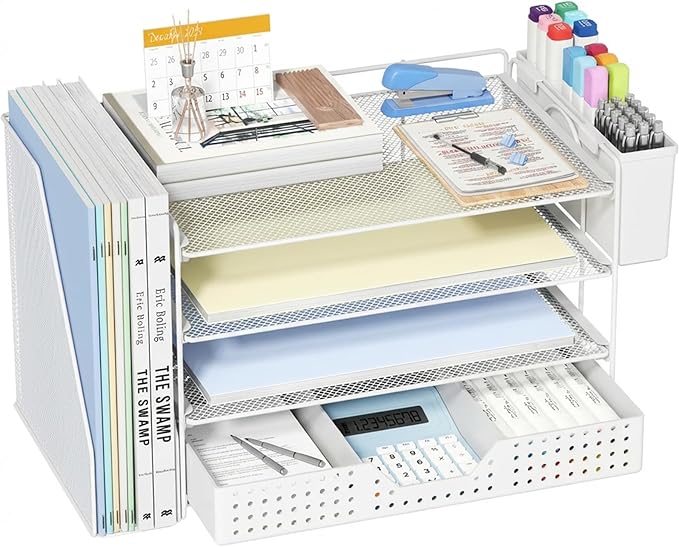 Desk Organizer, 4-Tier Paper Organizer Letter Tray with File Holder, Drawer and 2 Pen Holders, Desktop File Organizer for Office Supplies, Workspace Storage, White