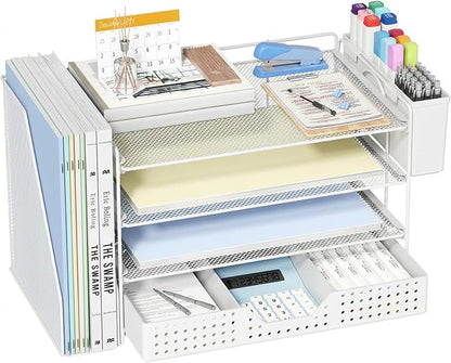 Desk Organizer, 4-Tier Paper Organizer Letter Tray with File Holder, Drawer and 2 Pen Holders, Desktop File Organizer for Office Supplies, Workspace Storage, White