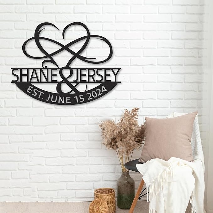 Personalized Anniversary Wedding Gifts for Couples, Metal Signs Customized with Couples Name and Date, Wedding Sign, Infinity Heart Metal Wall Decor, Engagement Bridal Shower Gifts Color01
